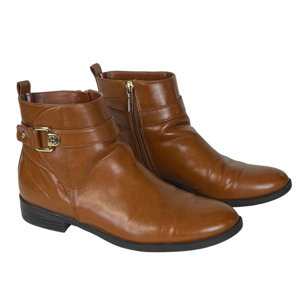 Tommy Hilfiger Women Brown Ankle Boots Side Zip Buckle Detail Size 8.5M